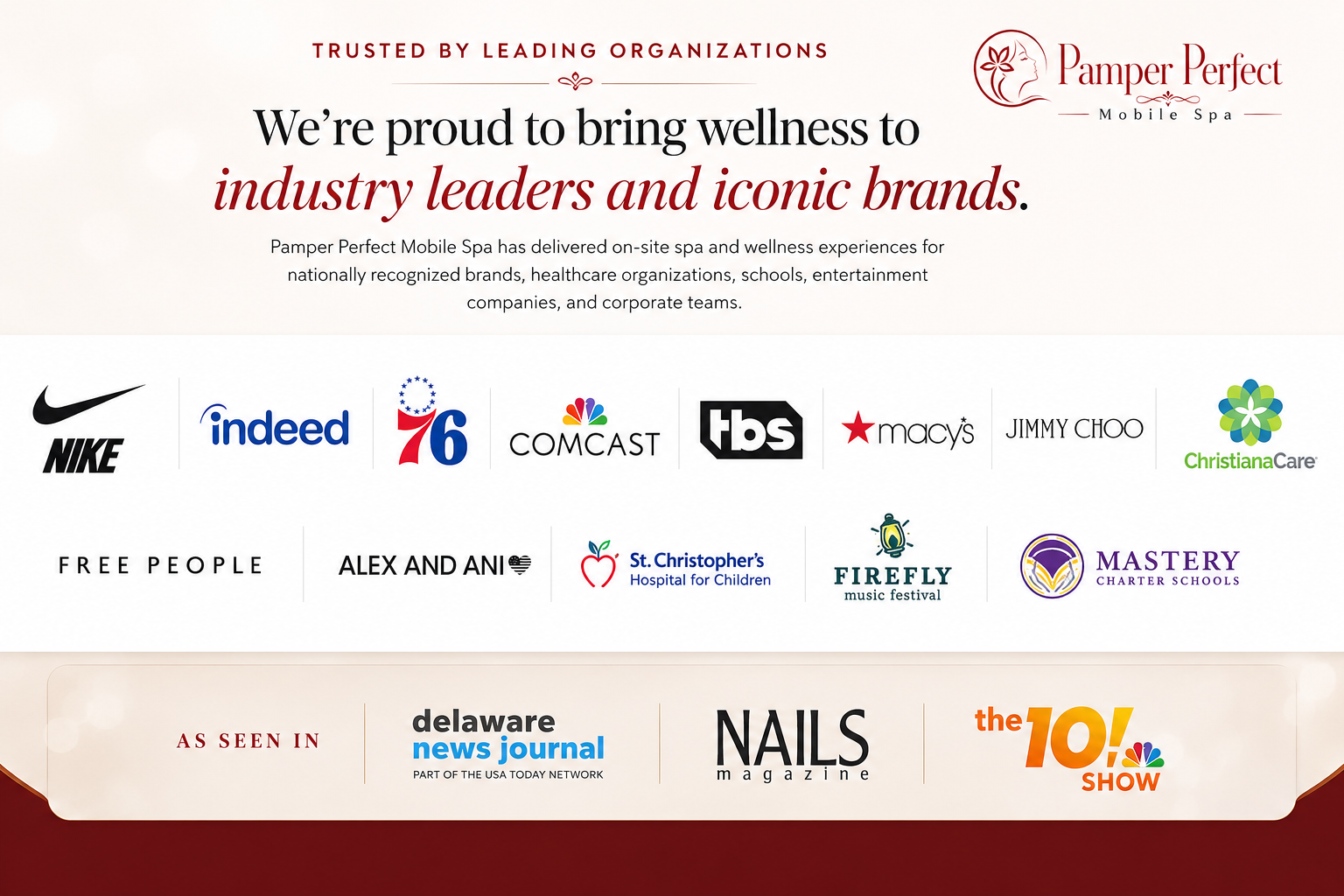 Corporate clients and media recognition — Pamper Perfect Mobile Spa